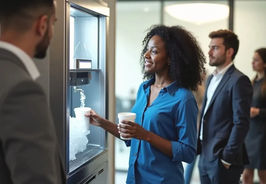 Employees using a commercial ice machine in an office breakroom