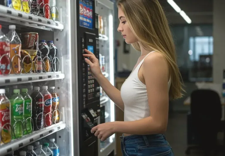 Worker selecting a cold drink from a vending machine